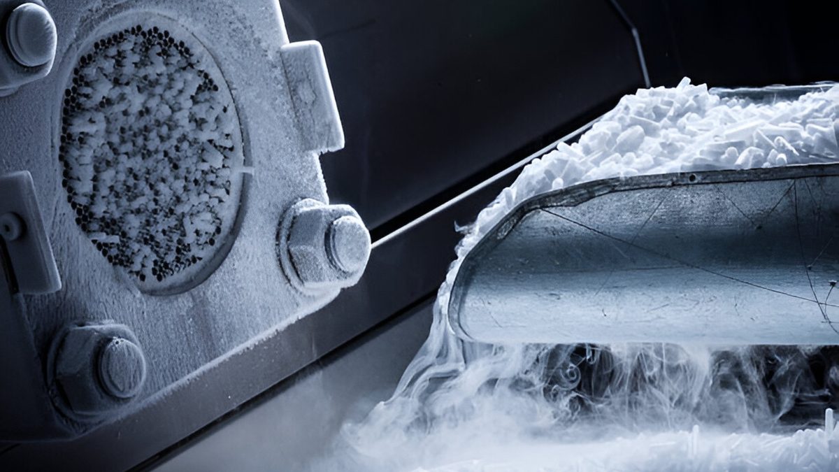3 mm dry ice pellets pouring onto a steel chute in cold vapor