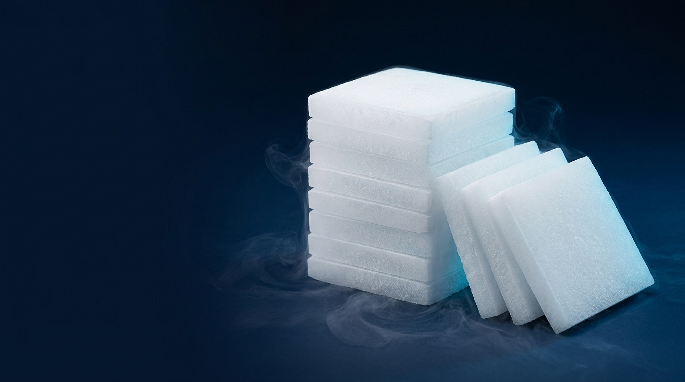 Stack of matte airline cut dry ice tiles with cold vapor on a navy background