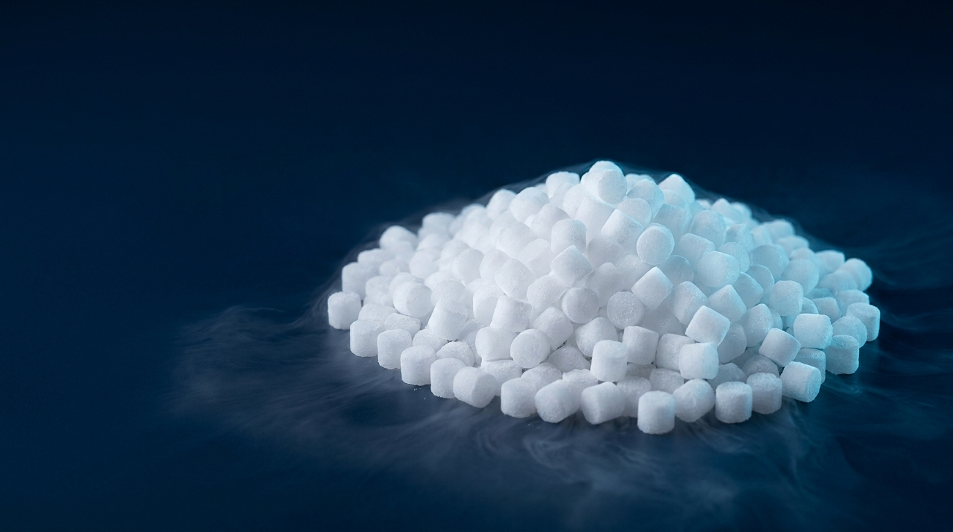 Pile of matte white dry ice pellets with vapor, ready for pickup, on navy